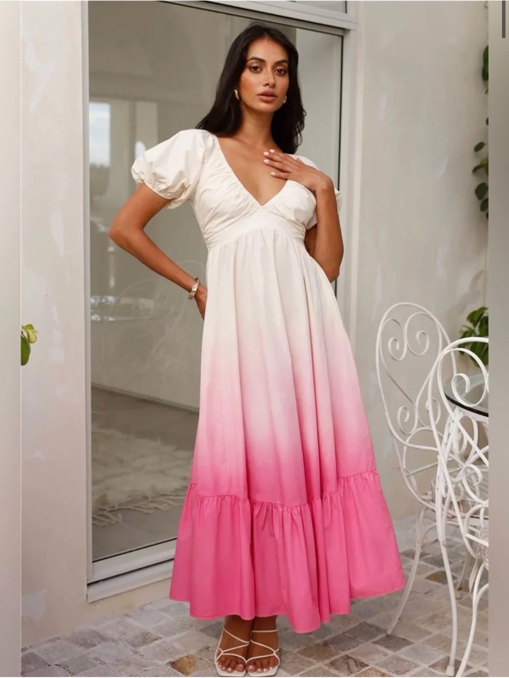 Hello Molly White to Pink Ombre Puff-Sleeve Maxi Dress